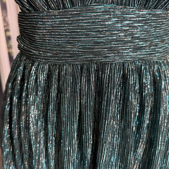 Lulus Ailey Metallic Stripe Twist Back Cocktail Dress in Gold and Teal Size S - Picture 2 of 9